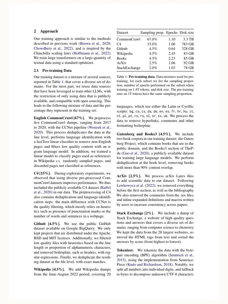 La página 2 del paper de LLaMA como PDF en un lector: dos columnas encogidas, con el texto demasiado pequeño para leerse